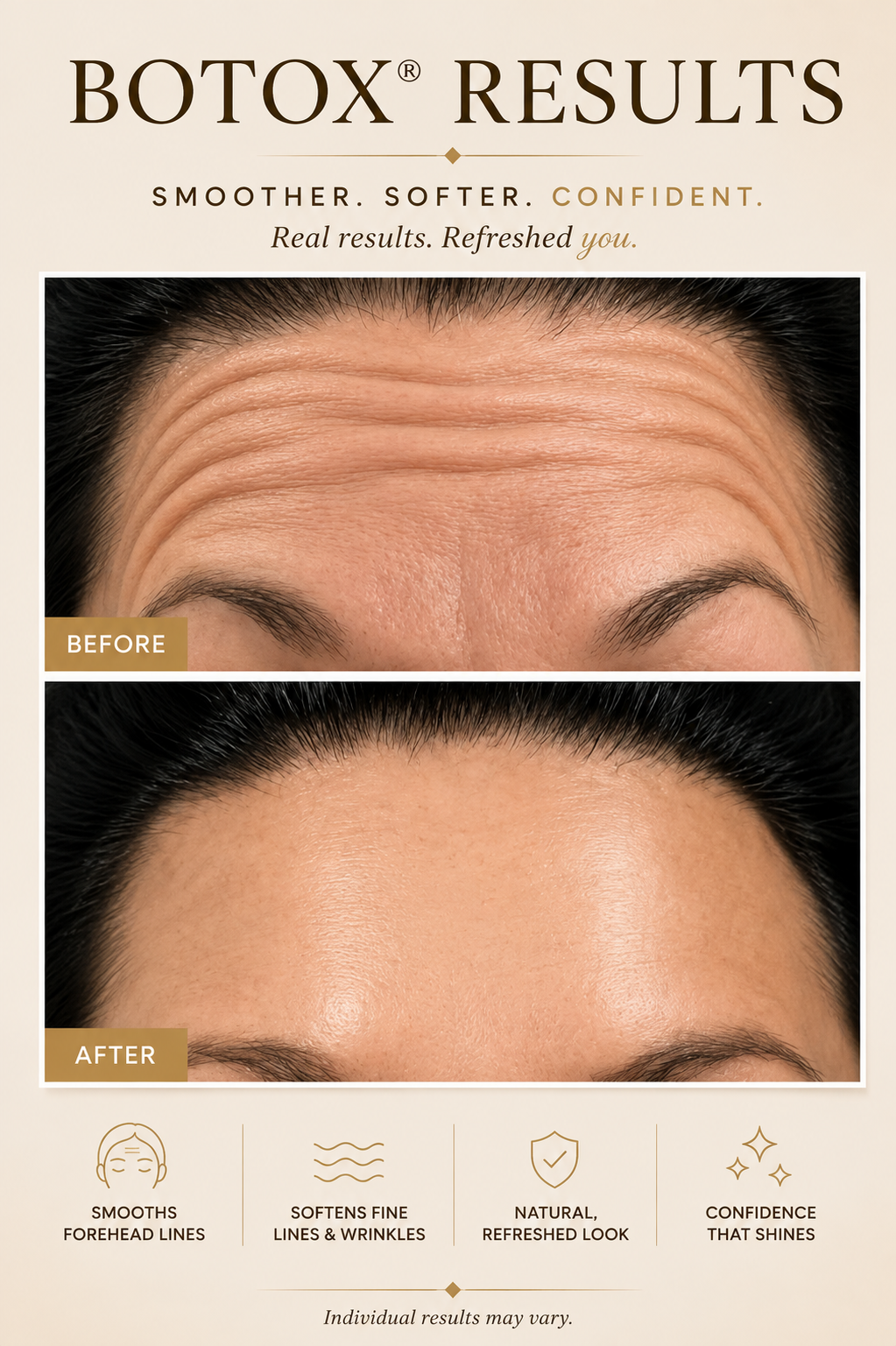 Botox results - before and after showing smoothed forehead lines and natural look