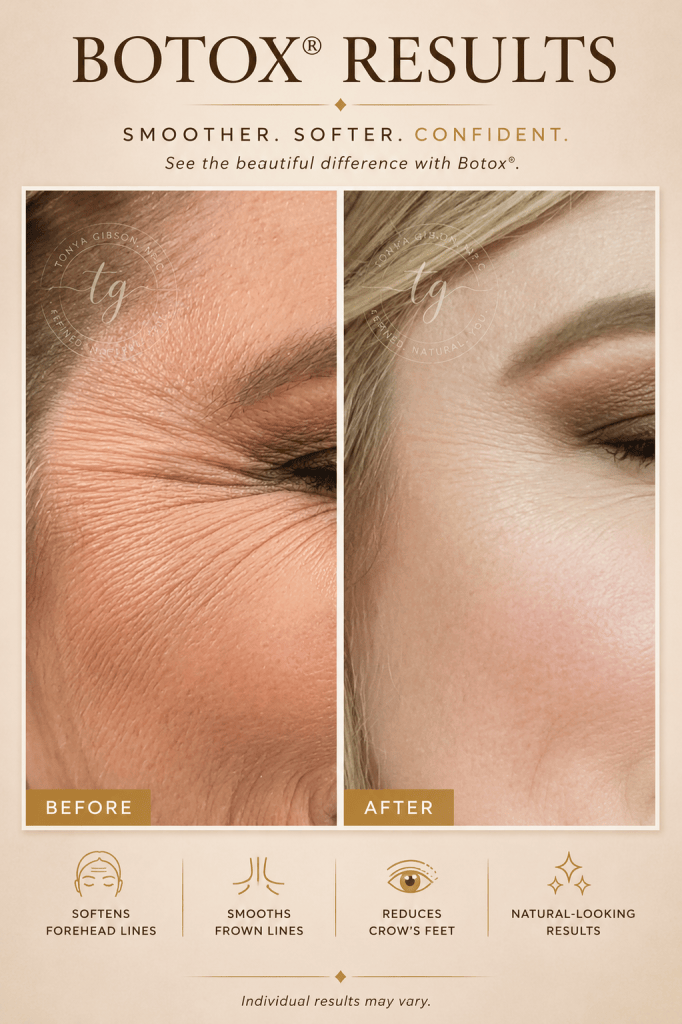 Botox results - before and after showing softened forehead lines and reduced crow's feet with natural-looking results